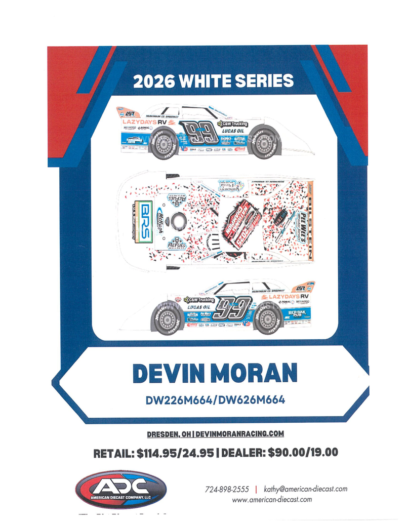 DEVIN MORAN 2026 LAZYDAYS RV NATIONAL CHAMPION 1:24 WHITE SERIES DIECAST